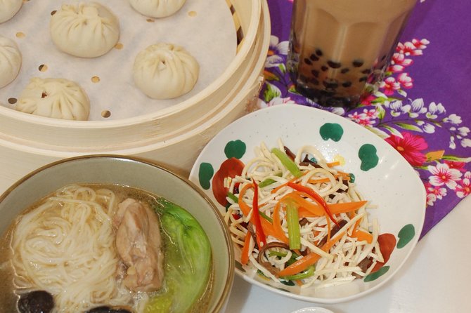 Taiwan Traditional Delicacies Experience, Xiao Long Bao, Chicken vermicelli with mushroom and sesame oil, Tofu strips salad, Bubble milk tea. - The teachers and the mood of the kitchen