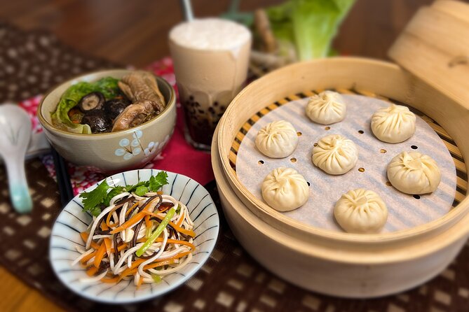 Taiwan Traditional Delicacies Experience, Xiao Long Bao, Chicken vermicelli with mushroom and sesame oil, Tofu strips salad, Bubble milk tea. - Xiao long bao: the class centerpiece
