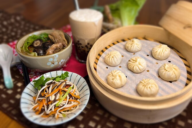 Xiao Long Bao, Chicken vermicelli with mushroom and sesame oil, Tofu strips salad, Bubble milk tea. Taiwan Traditional Delicacies Experience-A (Taipei Cooking Class) - Key points to know before you book