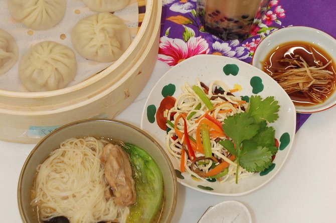 Xiao Long Bao, Chicken vermicelli with mushroom and sesame oil, Tofu strips salad, Bubble milk tea. Taiwan Traditional Delicacies Experience-A (Taipei Cooking Class) - Clear teaching in English, Chinese, and Japanese